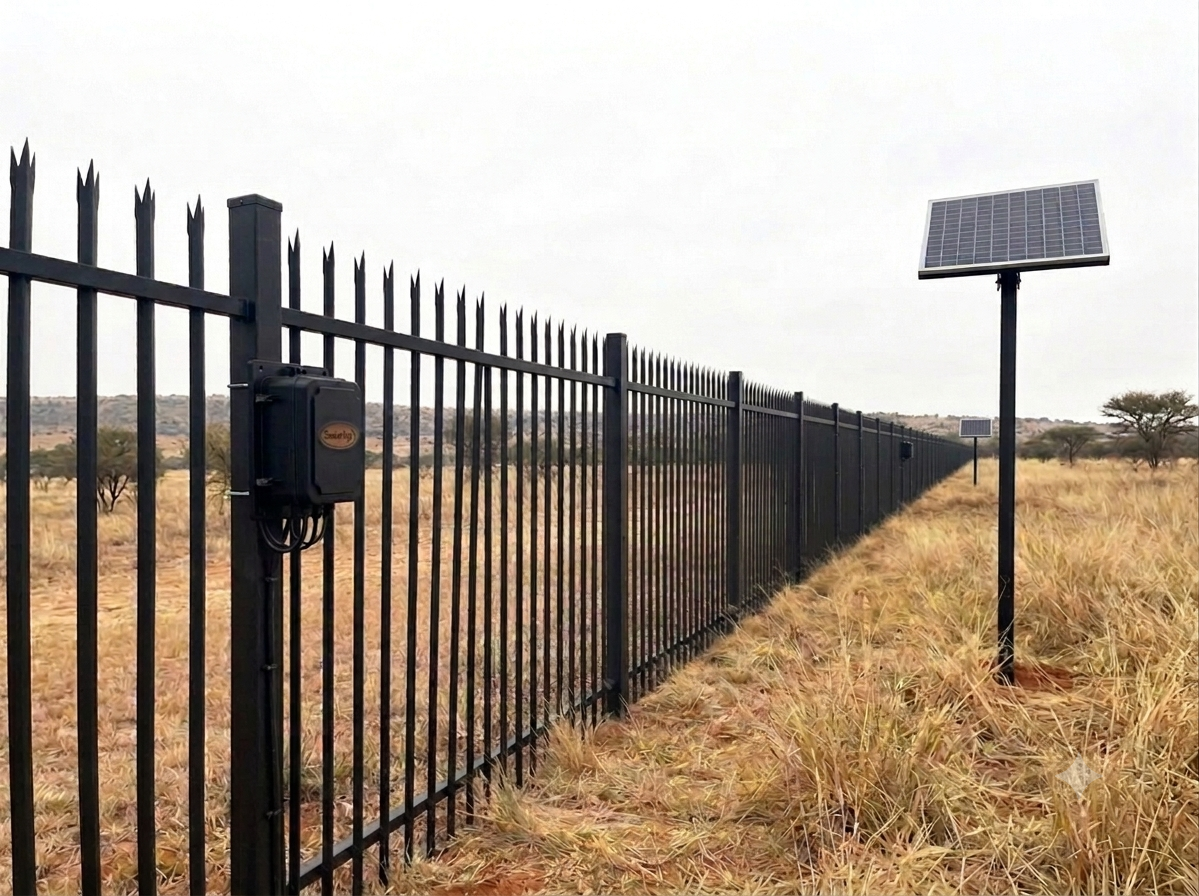 Securify sensor on palisade fence with solar panel — loadshedding proof perimeter security